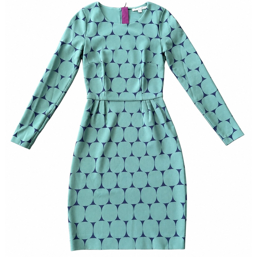 Boden Dress Women 2 Green Blue Sheath Long Sleeve Stretch Retro Mod Geometric